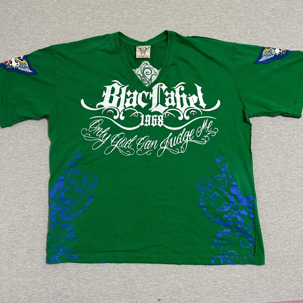 Blac Label Premium 1968 Studded V Neck Graphic Tee Y2K Green Mens Size Large